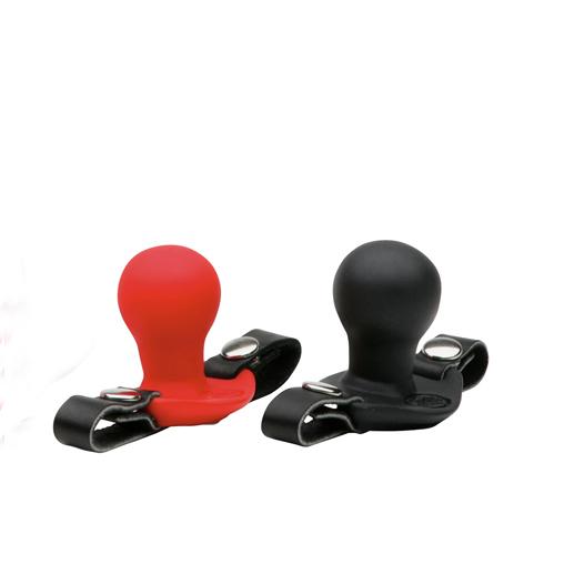Dos ballgag con corea en cuero y bola de silicona roja y negra de marca Tantus