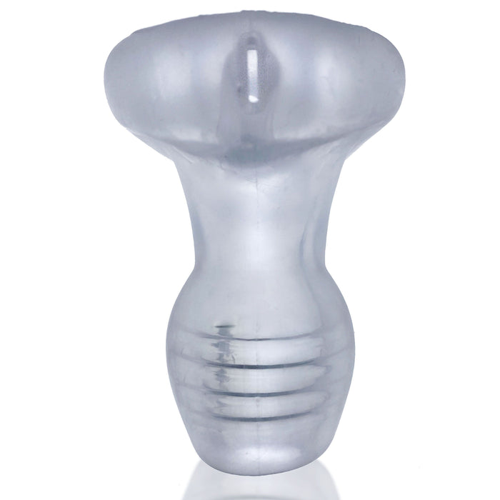 plug anal con hueco para abrir el ano de color transparente reposado sobre un fondo blanco mostrando el lugar de la led